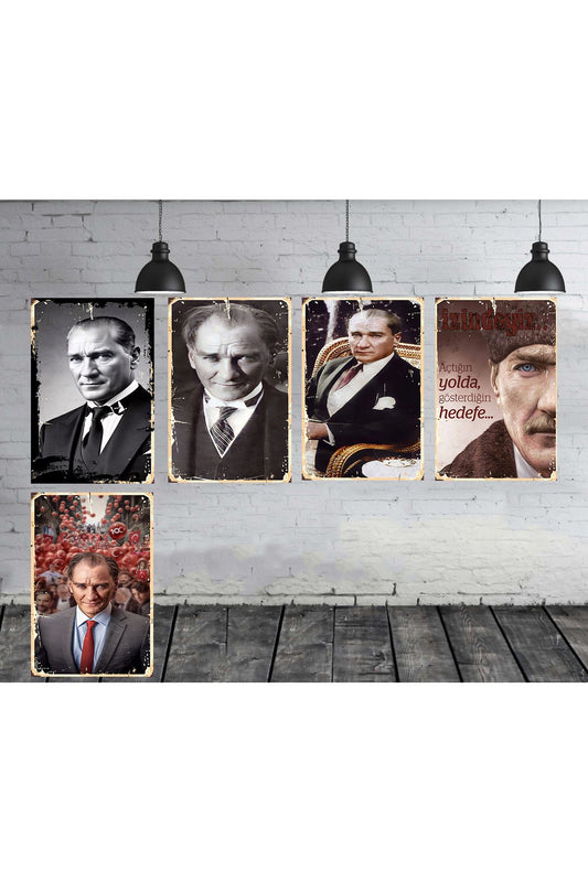 Mustafa Kemal Atatürk Seti 5 Adet 20x30 Cm Retro Ahşap Tablo