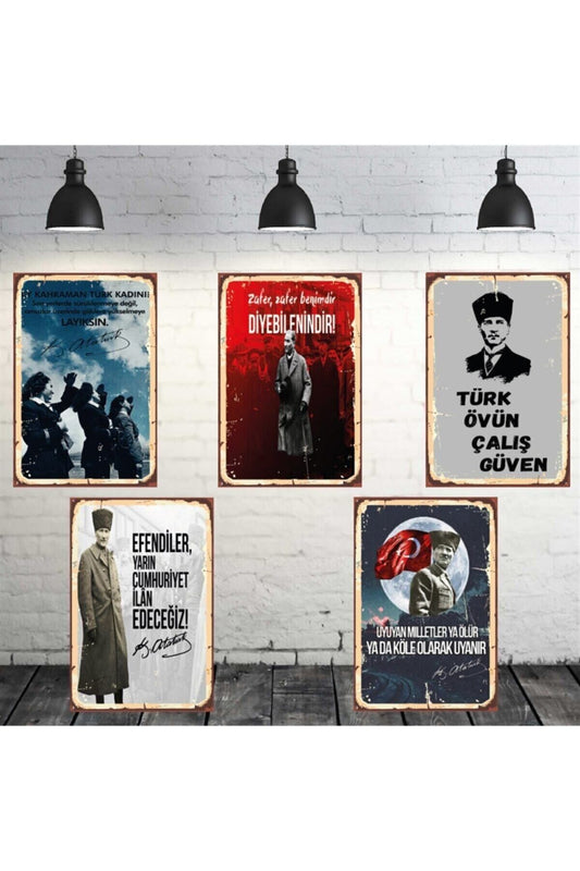 Mustafa Kemal Atatürk Seti 5 Adet 20x30 CM Retro Ahşap Tablo