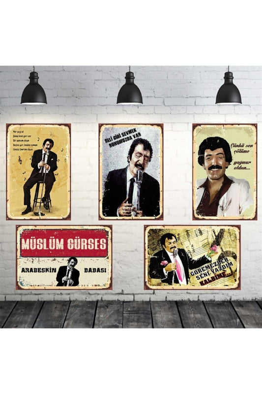 Müslüm Gürses Seti 5 Adet 20x30 Cm Retro Ahşap Tablo