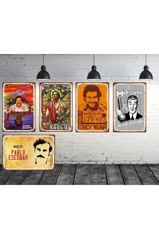 Pablo Escobar Seti 5 Adet 20x30 Cm Retro Ahşap Tablo
